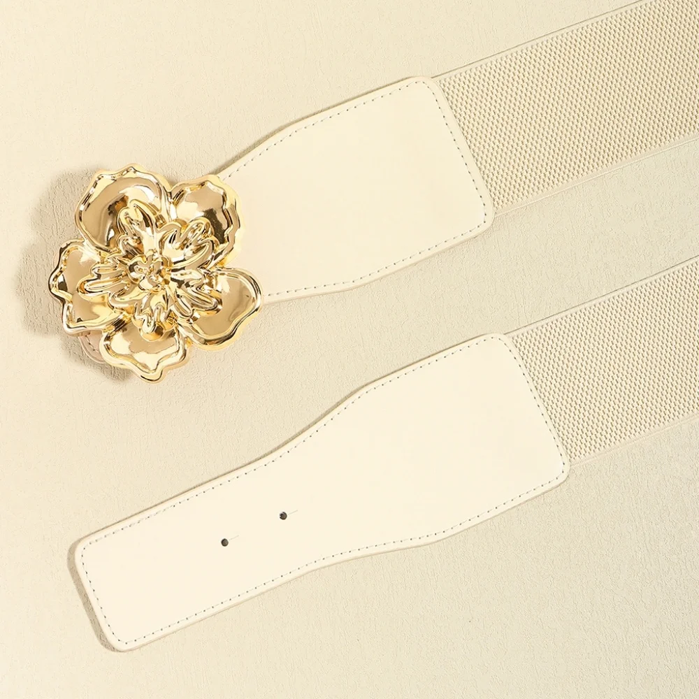 Ivory Elastic Belt with Gold Floral Buckle